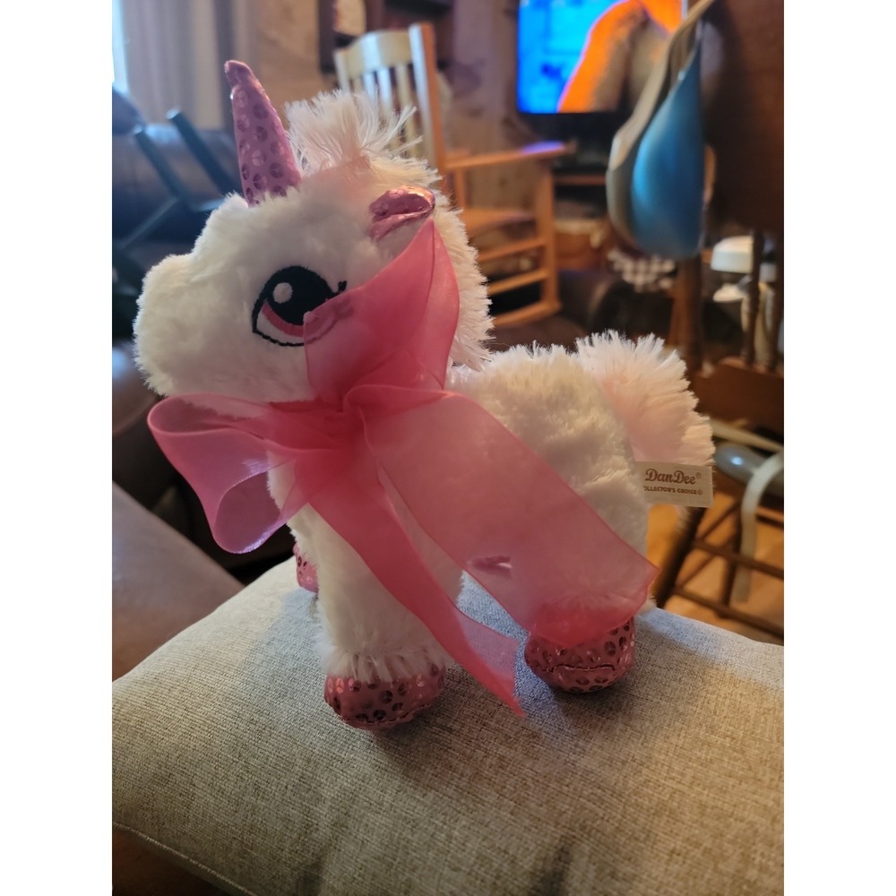 Dan Dee Collector's Choice White Unicorn Plush 8" Pink Glitter Horn Bow Sparkle